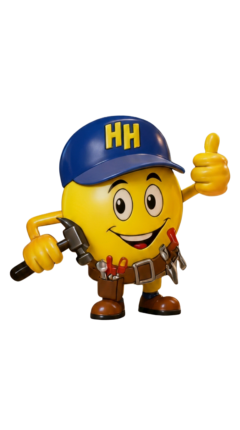The Happy Handyman mascot — smiling yellow character in a blue HH cap, holding a hammer